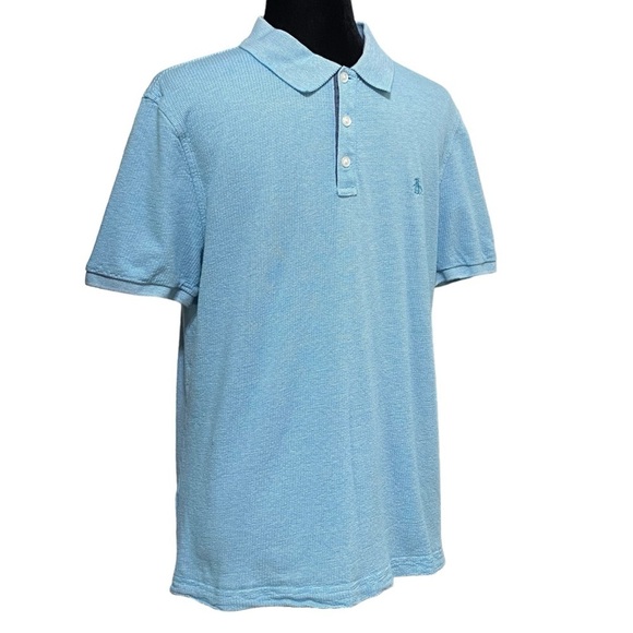 Penguin Light Blue Polo Shirt Medium Classic Fit Cotton Textured Logo Preppy Y2K - Picture 2 of 5